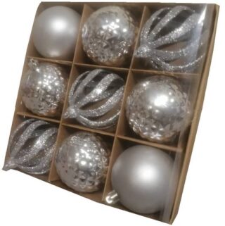 Set de 9 Esferas Navideñas Plateadas de 8 cm