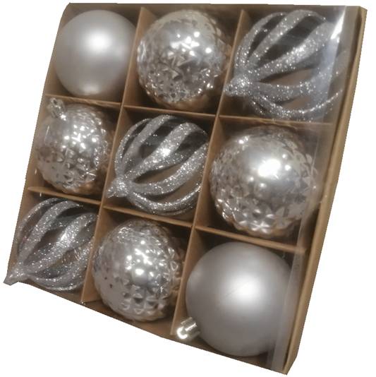Set de 9 Esferas Navideñas Plateadas de 8 cm