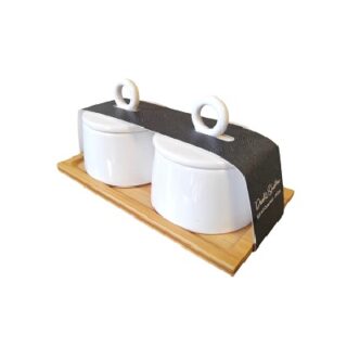 SET DE BOWL DE CERAMICA CON BASE DE MADERA 2 PC