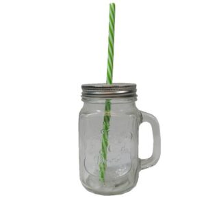 TARRO DE VIDRIO CON TAPA Y PAJILLA 450 ML