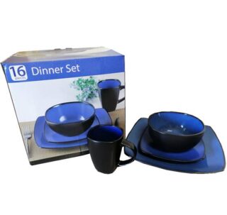 VAJILLA CUADRADA DE CERAMICA 16 PC NEGRO Y AZUL