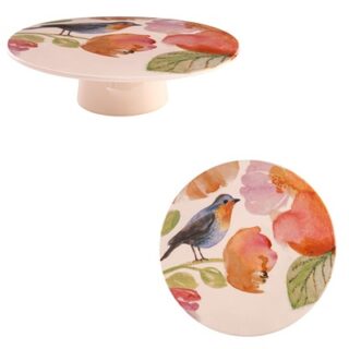 PASTELERO DE CERAMICA CON FLORES DE PAJARO 25.4 CM